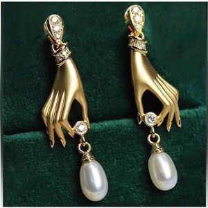 Victorian Gold Hand Motif Pearl Earrings